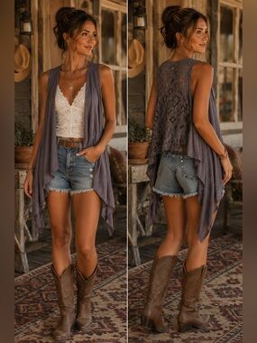 julie's closet Dusty Lavender Crochet-Back Drape Vest